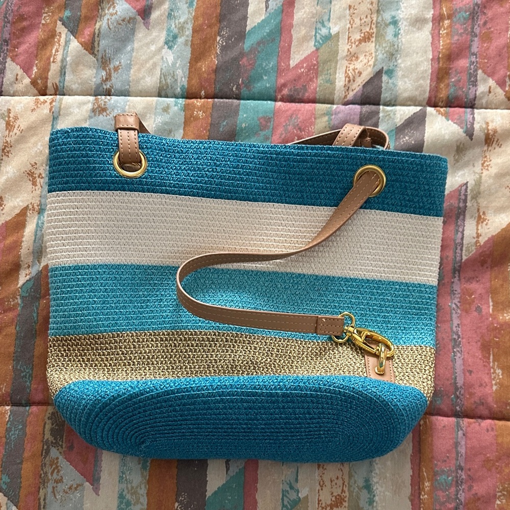 Turquoise & White Striped Straw Tote with Tan Straps